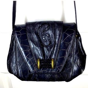 NWT Sharif Black Crossbody Shoulder bag snake skin croc reptile embossed leather